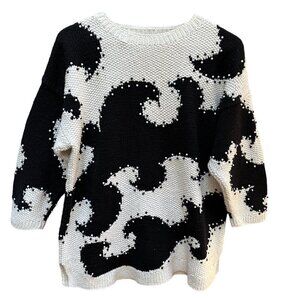 Vintage Sweater Knitting Needles Knitted By Hand Black White Beaded 3/4 Sleeve M